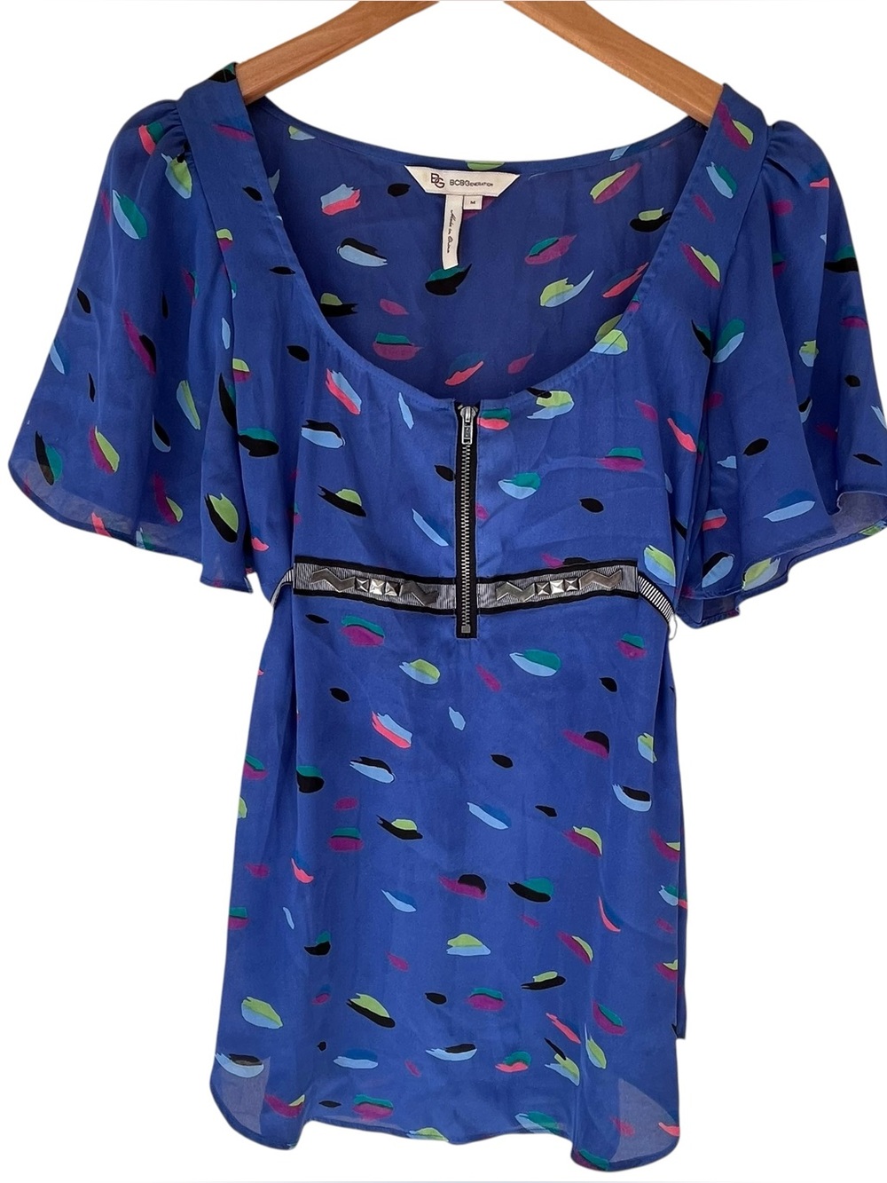 BCBGeneration Blue Printed Flutter Sleeve Blouse Tunic Top Medium